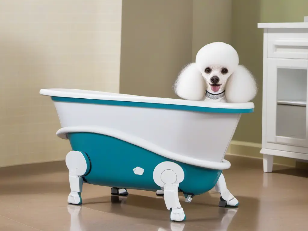 A foldable poodle bath tub with a poodle sitting inside.