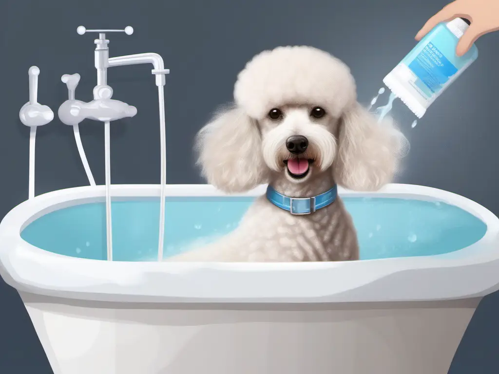 A poodle in a bathtub getting a bath with hypoallergenic shampoo.