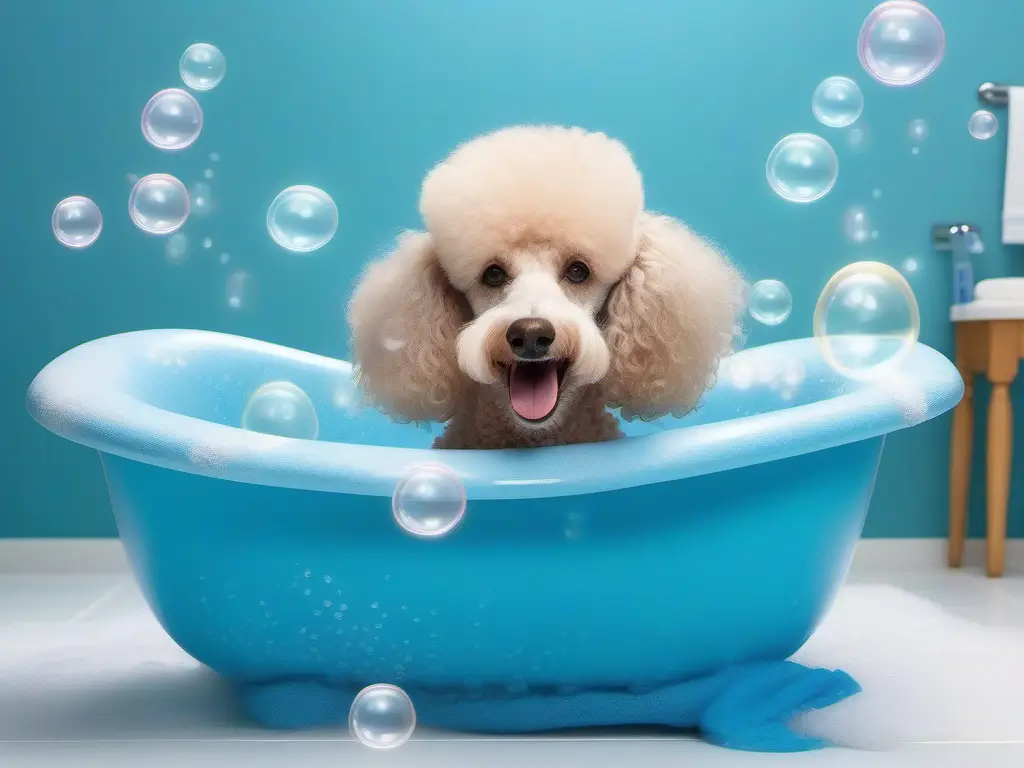 A poodle is taking a bath in the best-sized tub with bubbles.