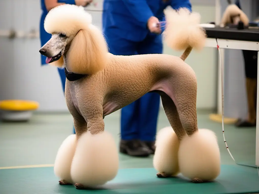 A standard poodle is being groomed in a salon.