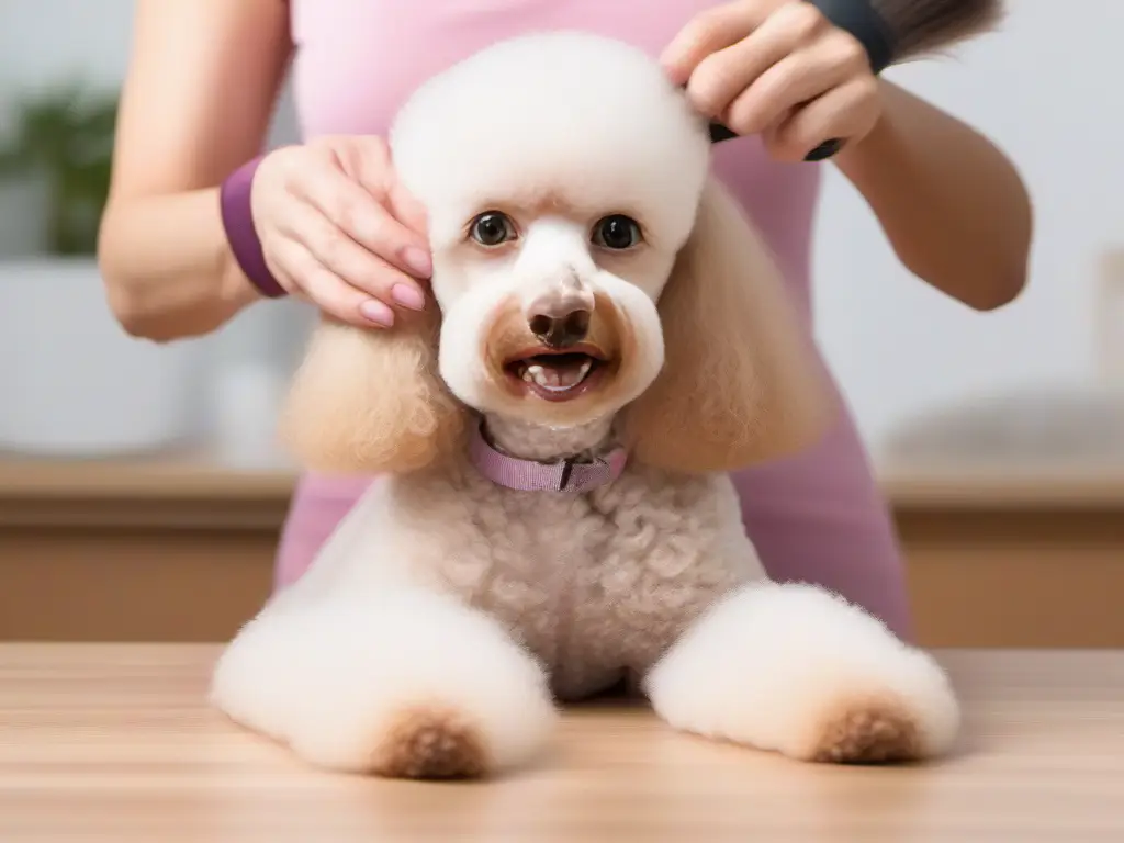 A woman is using DIY poodle grooming techniques to groom a poodle on a table.