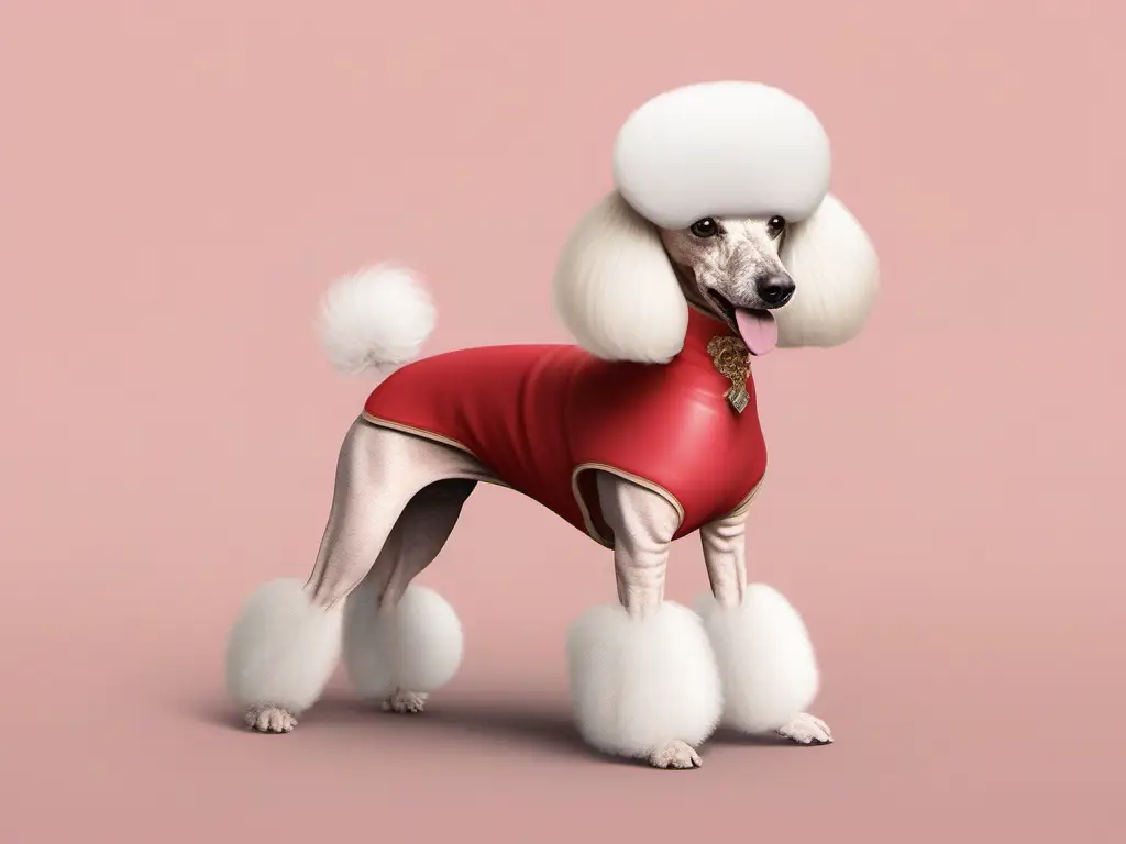 Learn how to use poodle conditioner on a stylish canine adorned in a red coat and white hat.
