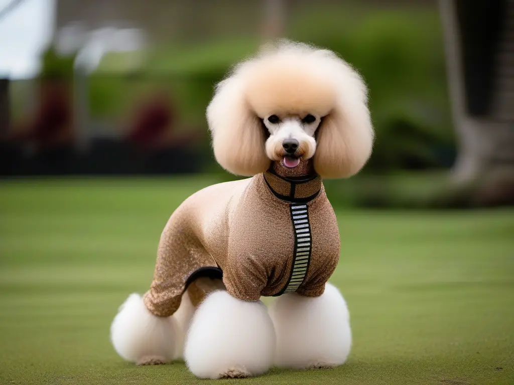 A creative poodle with long hair standing on the grass, showcasing beginner-friendly grooming styles.