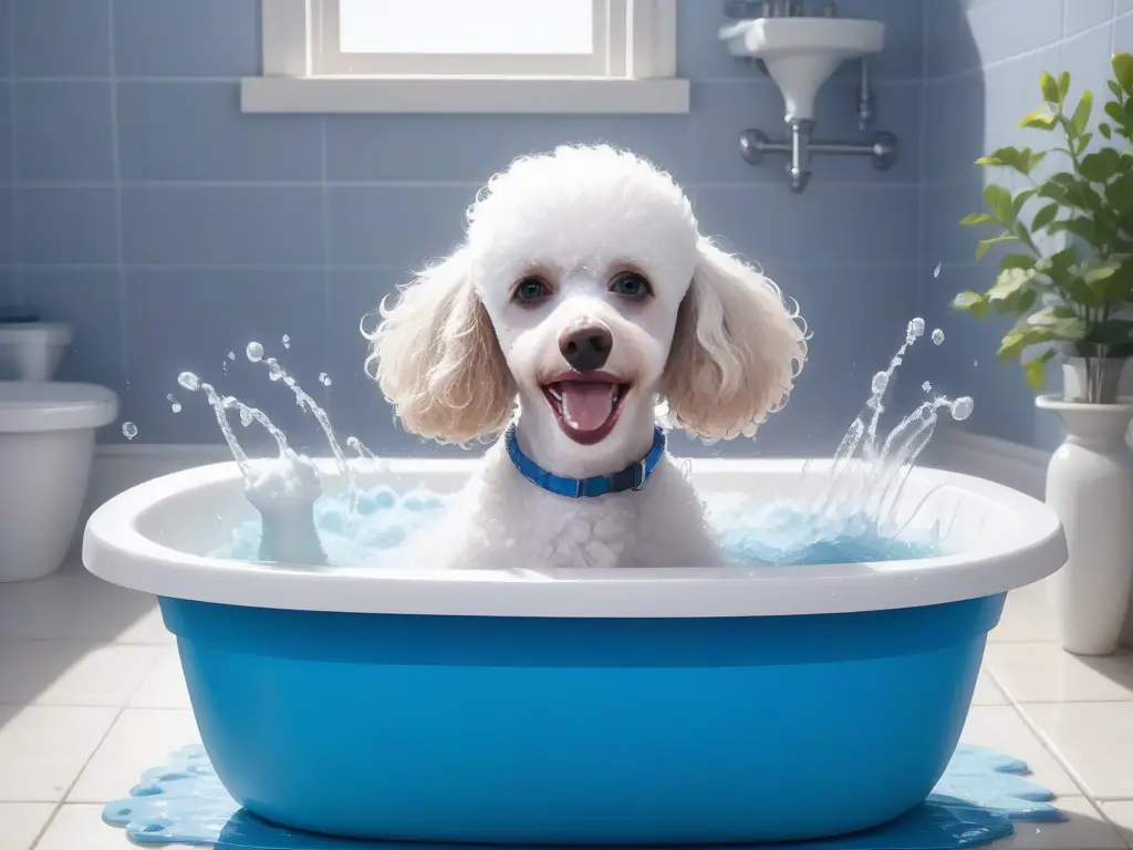 A dog is taking a bath in a tub.