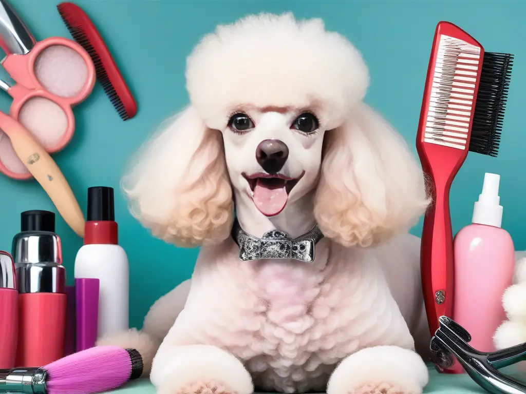 A poodle sitting in front of a bunch of hair products.