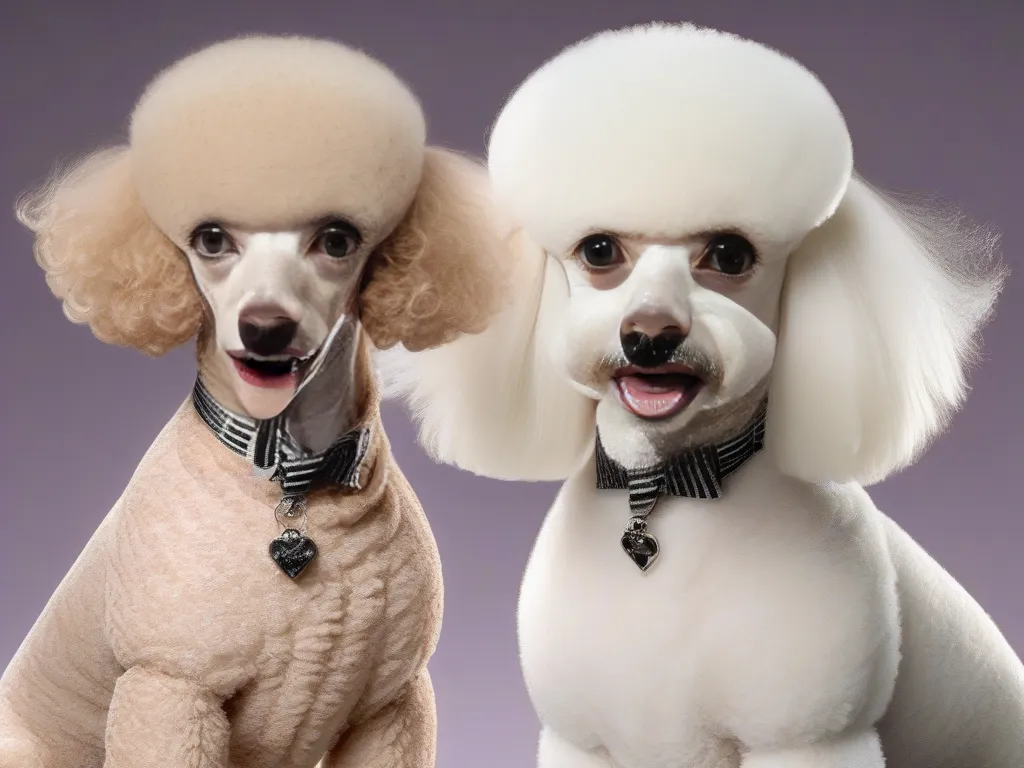 Two poodles with white hair and a bow tie.