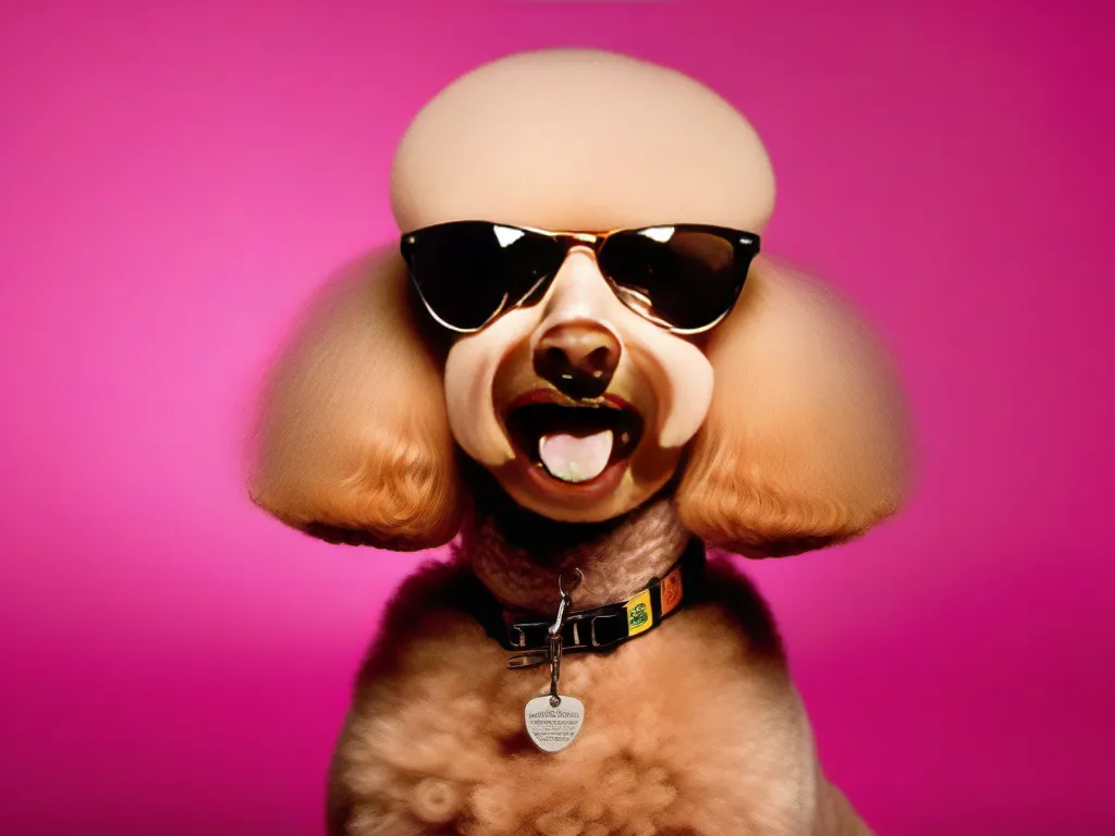A grooming poodle wearing sunglasses and a collar for photo shoots.