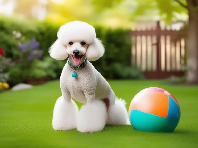 A joyous poodle with a fluffy white coat styled in one of the summer grooming styles sits on a lush green lawn next to a colorful ball, looking happy and ready to play.