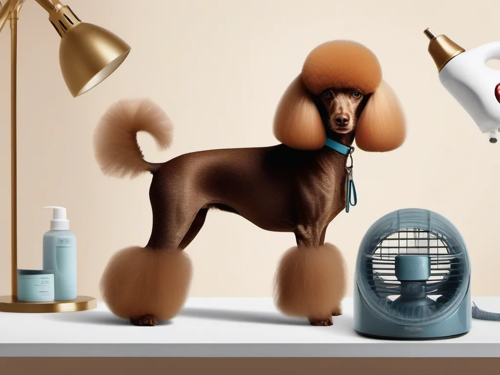 A poodle standing on a table with hair dryers and bottles.