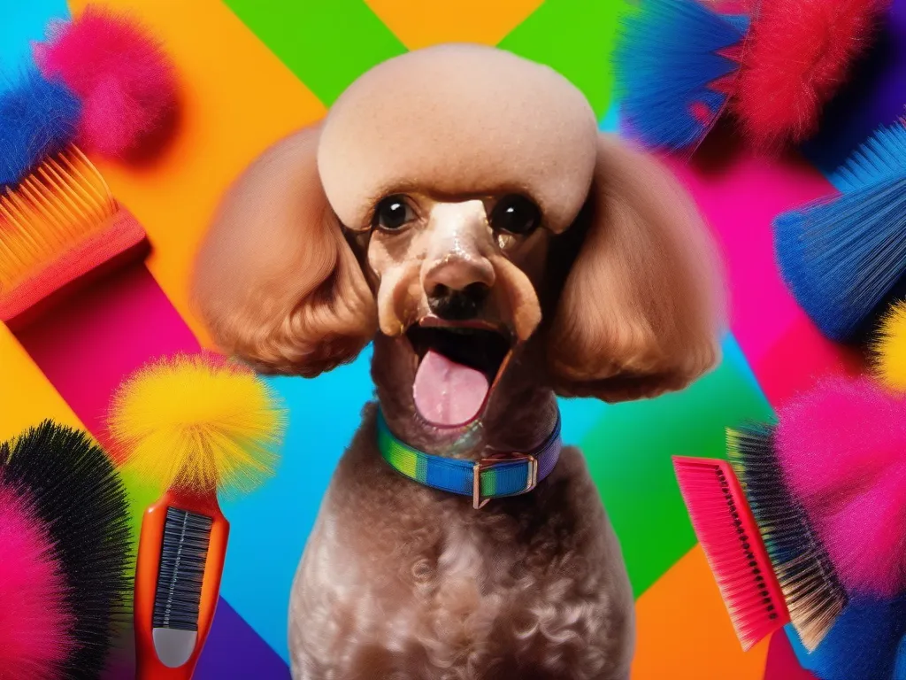 A poodle with a stylish haircut surrounded by the best brushes for poodle coat grooming.