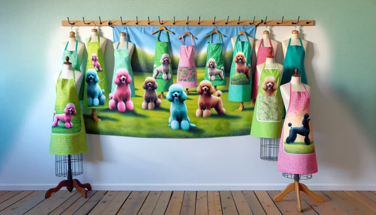 Colorful Poodle Bathing Aprons featuring patterns of various poodles hung on a rail against a blue wall in a room with a wooden floor. Two mannequins display aprons at the