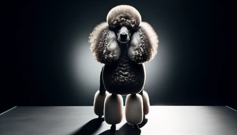 Experience the artistry of creative poodle grooming as a standard poodle with a groomed coat stands strikingly on a dark surface, lit dramatically from behind, emphasizing the luxurious texture of its fur.
