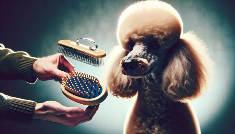 A well-groomed poodle with a stylish haircut is looking at grooming tools held by human hands, ready for a grooming session. The background is softly lit with a smoky effect.