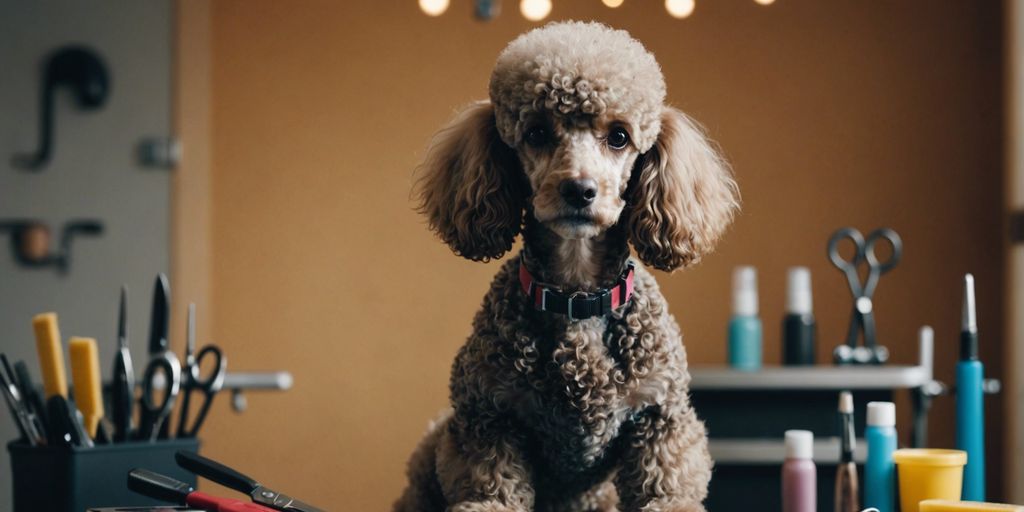 A poodle with a curly coat sits on a grooming table, looking directly at the camera. The dog wears a pink collar. In the background, various poodle grooming tools such as scissors, brushes, and combs are visible, along with bottles of grooming products.